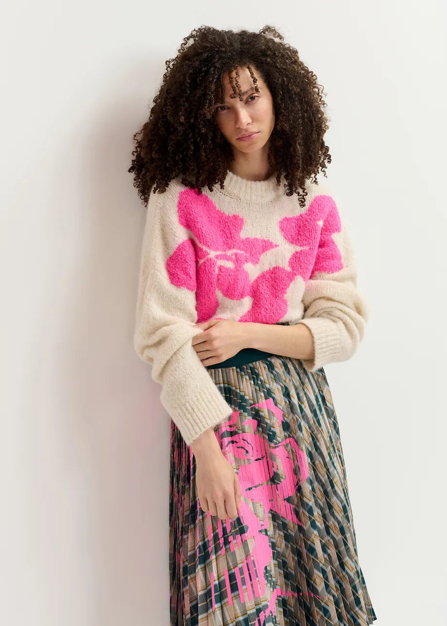 Essentiel Antwerp Garcon Intarsia Sweater - Ecru/Flu Pink