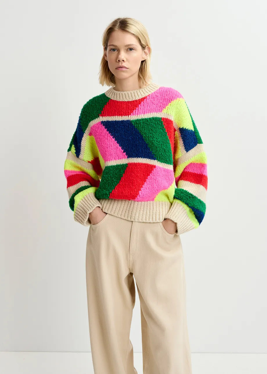 Essentiel Antwerp Graduation Geometric Sweater - Beige / Fluo Pink / Red