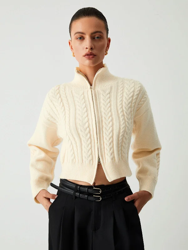 Cable Knit Two Trendy Way Zip Crop Cardigan