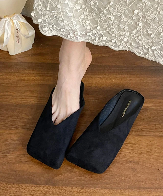 French Black Square Toe Suede Slide Sandals