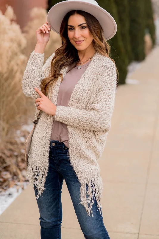 Fringe Trimmed Cardigan - Mocha