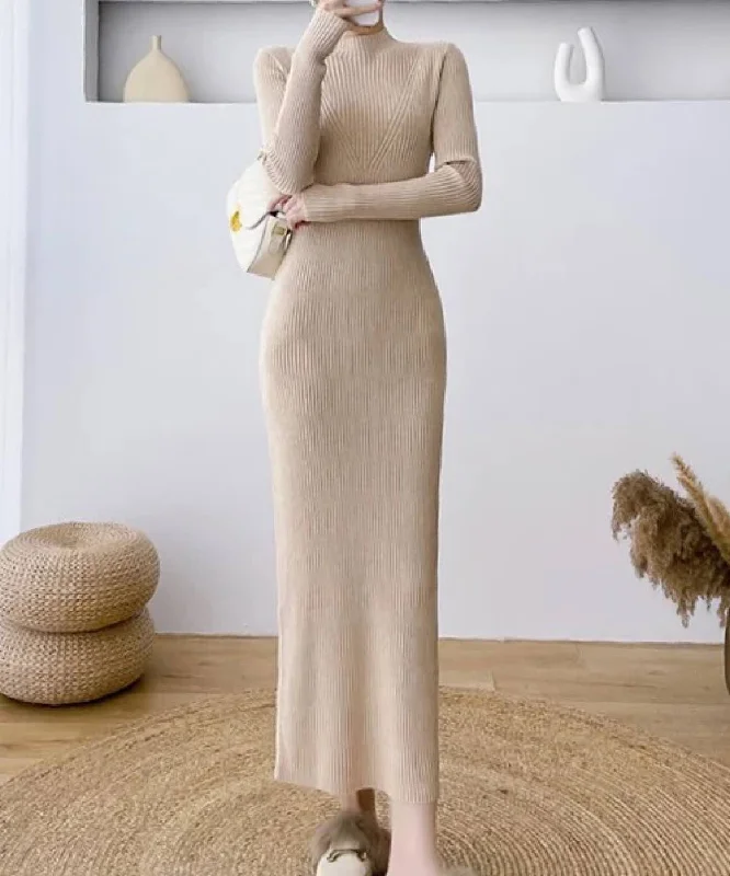 High Neck Knitted Maxi Slim Dress