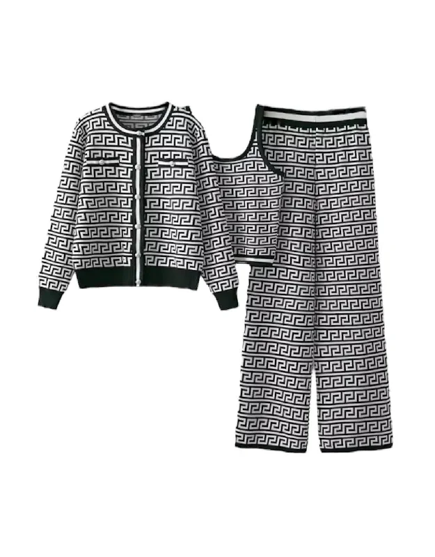 women's knit tops for date night -Houndstooth Jacquard Knit Three Piece Pants Set