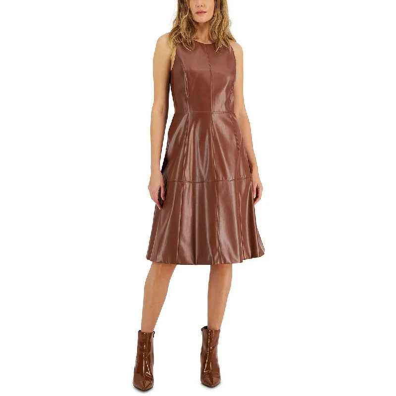 INC Womens Faux Leather Sleeveless Fit & Flare Dress