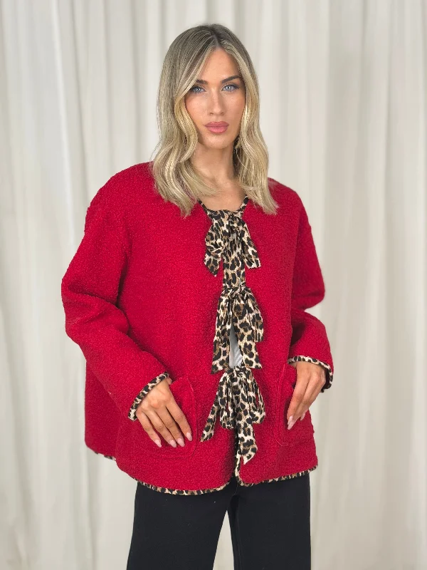 Indie Tie Front Textured Cardigan In Red