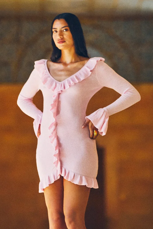 Karolina Knit Mini Dress With Frill - Blush Pink