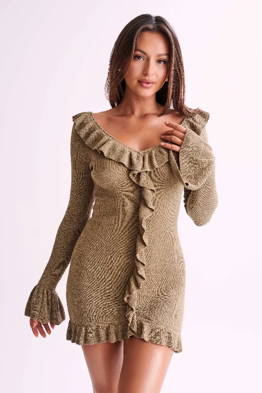 Karolina Knit Mini Dress With Frill - Olive