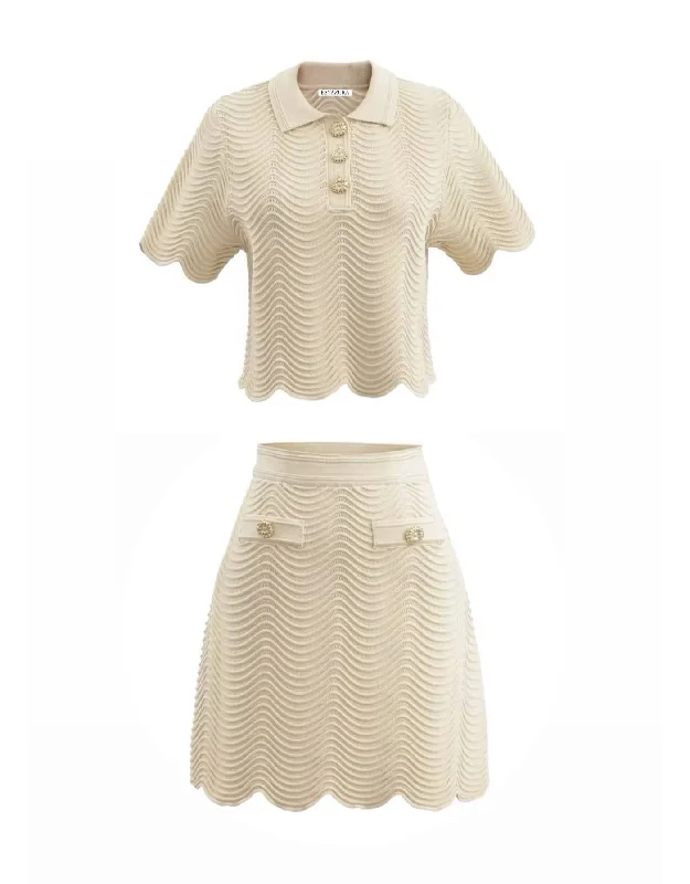 Knitted Above The Knee Skirt Set With Collared Top