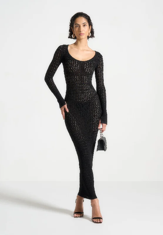 Knitted Scoop Neck Maxi Dress - Black