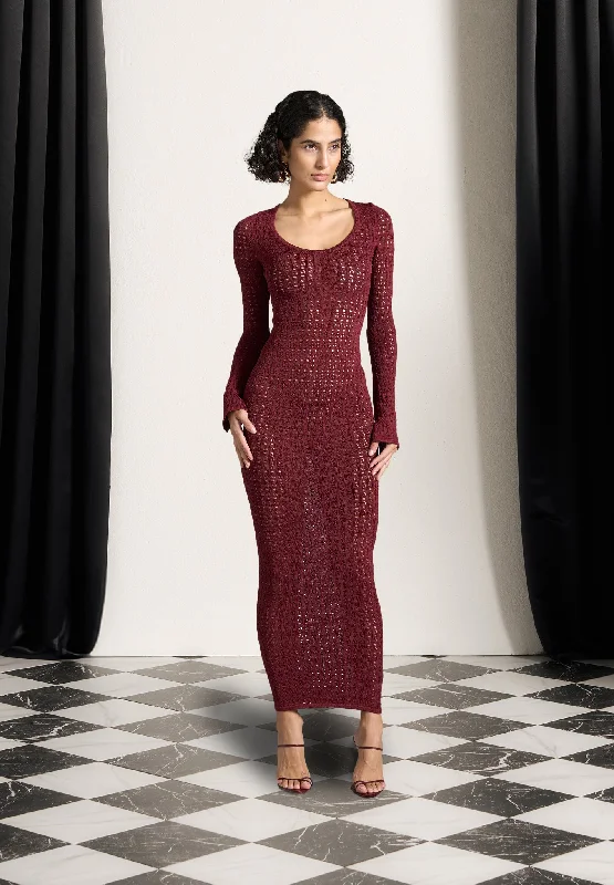 Knitted Scoop Neck Maxi Dress - Wine Red