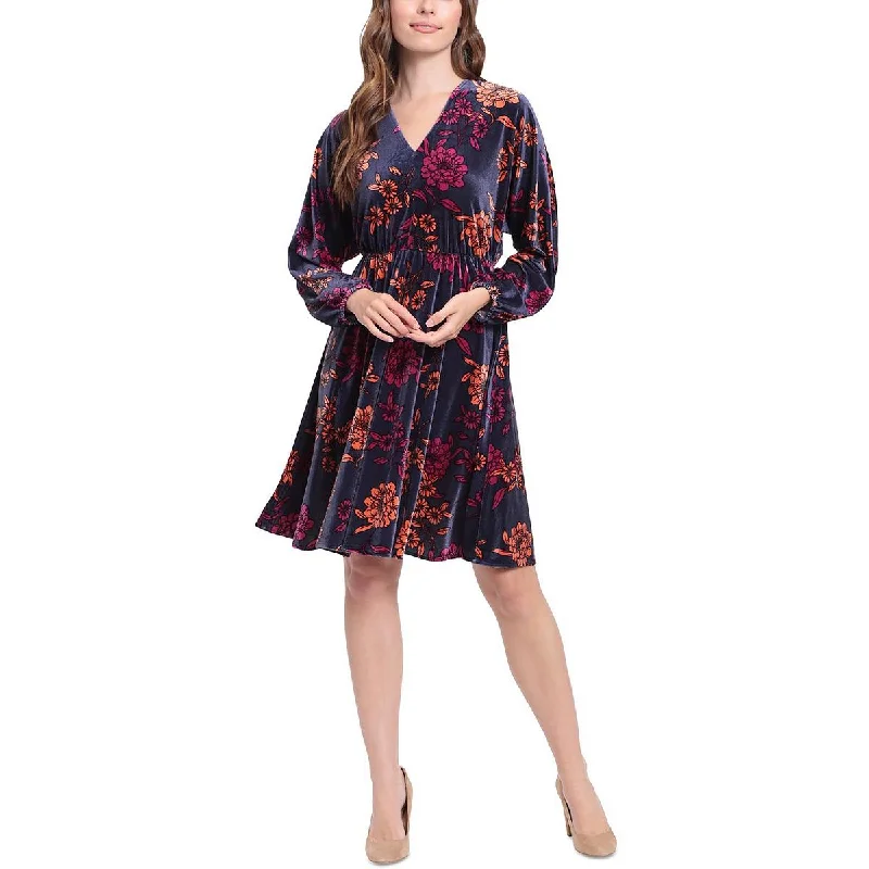 London Times Womens Petites Velvet Mini Fit & Flare Dress