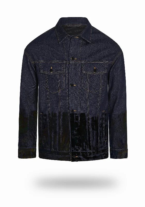 Longer Indigo Denim Jacket with Midnight Oil Foil