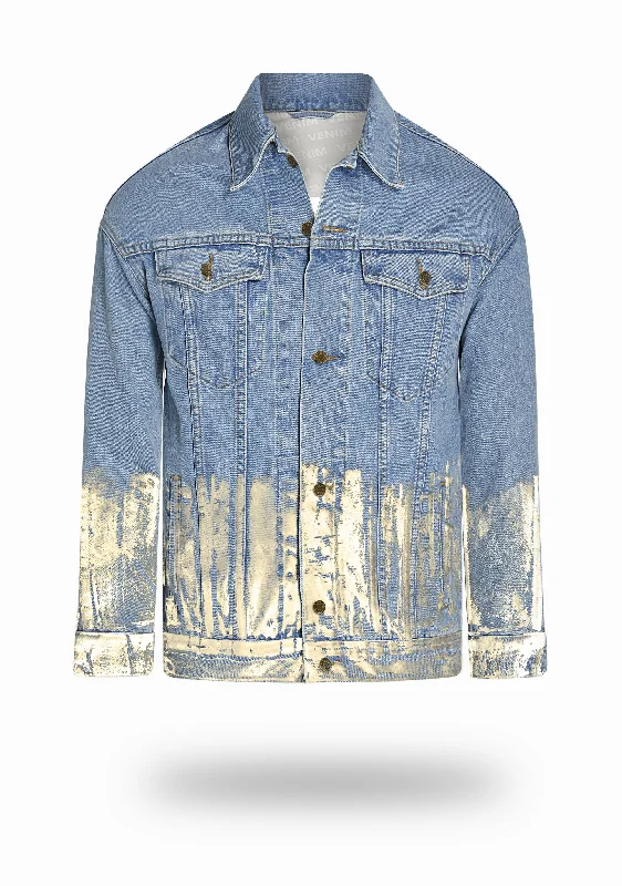 Longer Light Wash Denim Jacket with Champagne Gold Foil