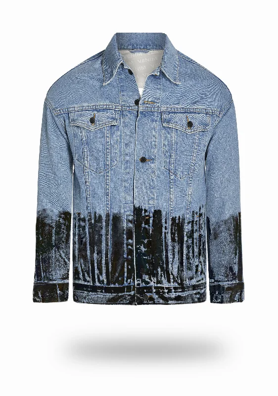 Longer Light Wash Denim Jacket with Midnight Oil Foil