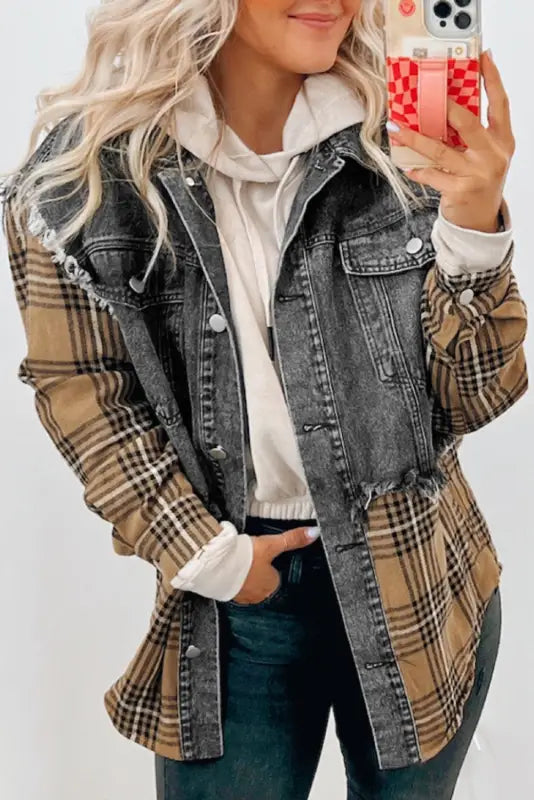 Plaid Patch Distressed Denim Shacket