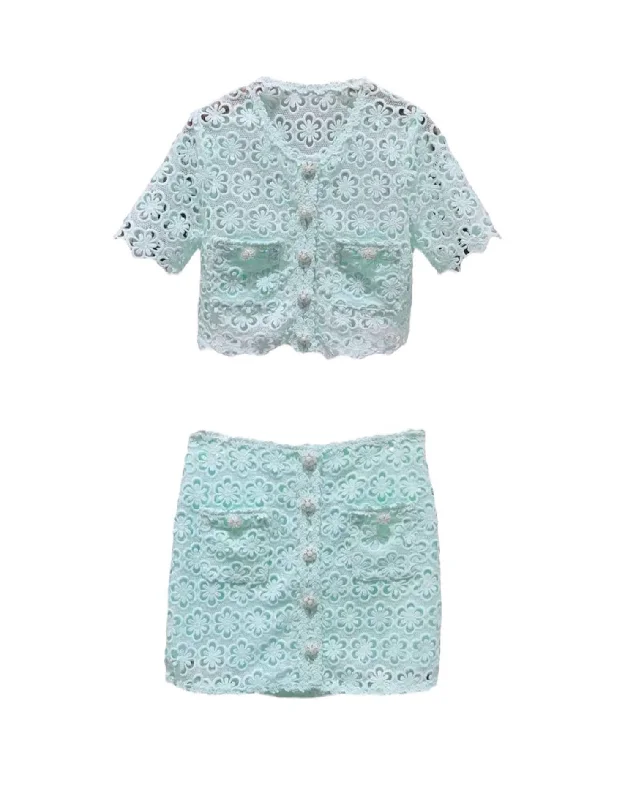 Mint Green Crochet Shirt And Skirt Set