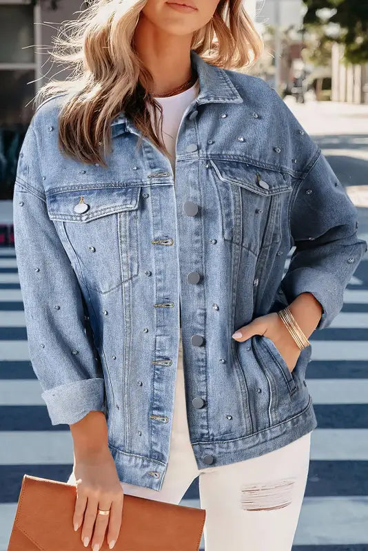 Rhinestones Studded Denim Jacket - Mist Blue