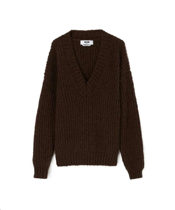 Blended wool v-neck sweater "Warm Winter"  Chocolate