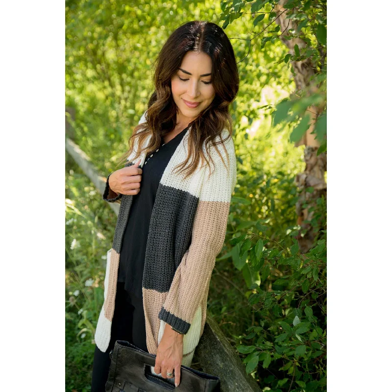 Neutral Color Blocked Knit Cardigan