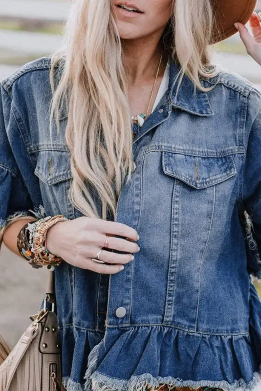 Peacock Blue Raw Edge Denim Jacket - Ruffled Short Sleeve