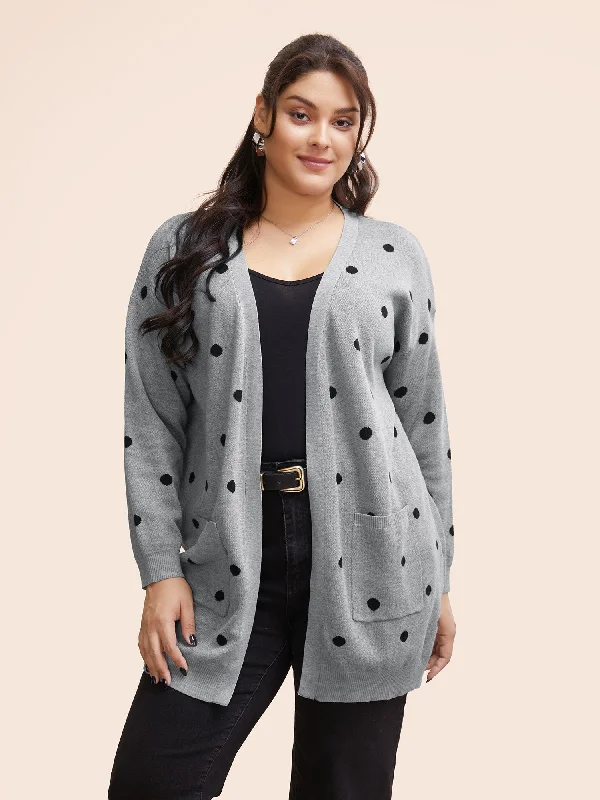 Polka Dot Kimono Collar Patch Pocket Cardigan