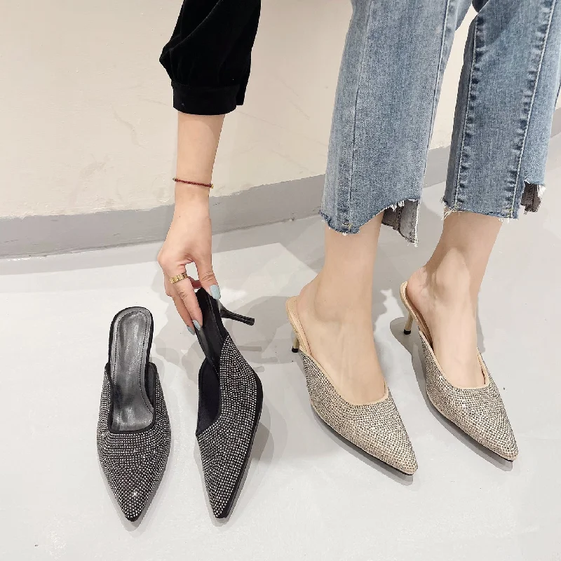 Rivet high-heeled Baotou personalized women's sandals 2023 autumn new stiletto pointed toe outer wear