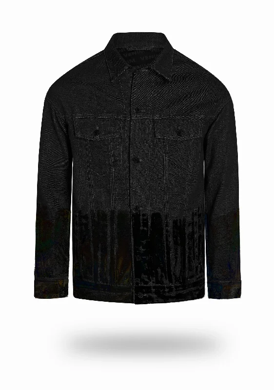 Longer Classic Black Denim Jacket with Midnight Oil Foil