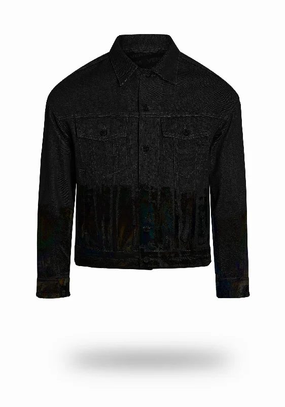 Shorter Classic Black Denim Jacket with Midnight Oil Foil