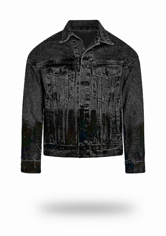 Shorter Washed Black Denim Jacket with Midnight Oil Foil