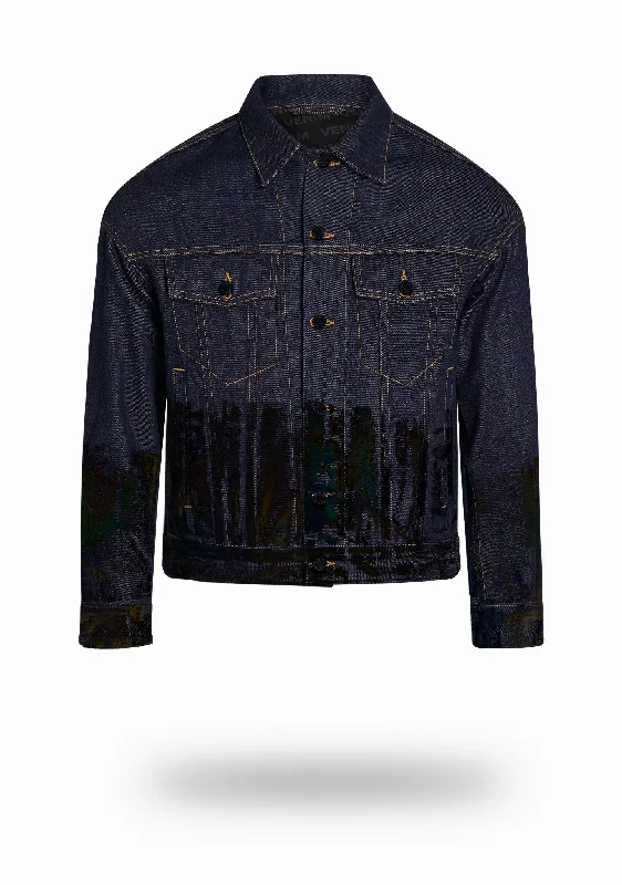 Shorter Indigo Denim Jacket with Midnight Oil Foil