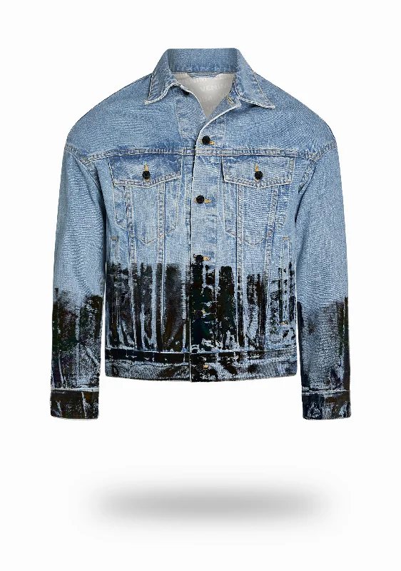 Shorter Light Wash Denim Jacket with Midnight Oil Foil