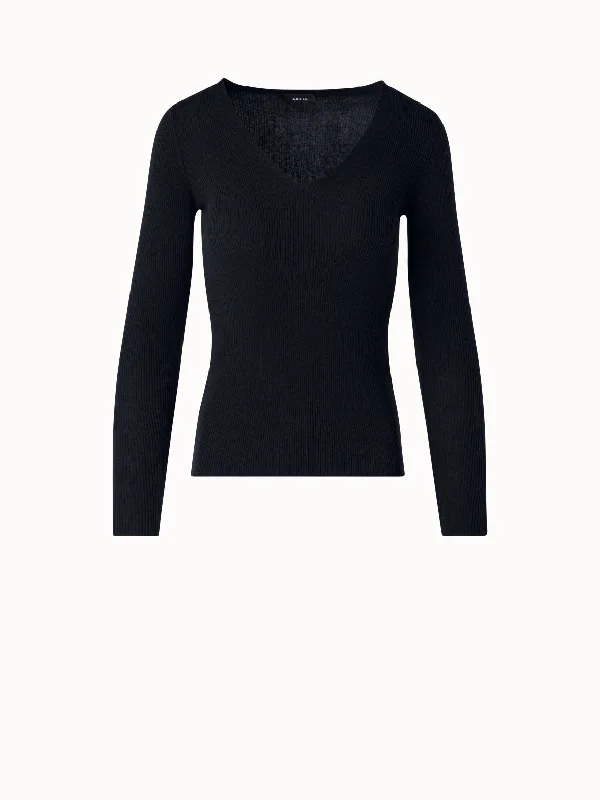 Silk Cotton Fine Rib V-neck Sweater