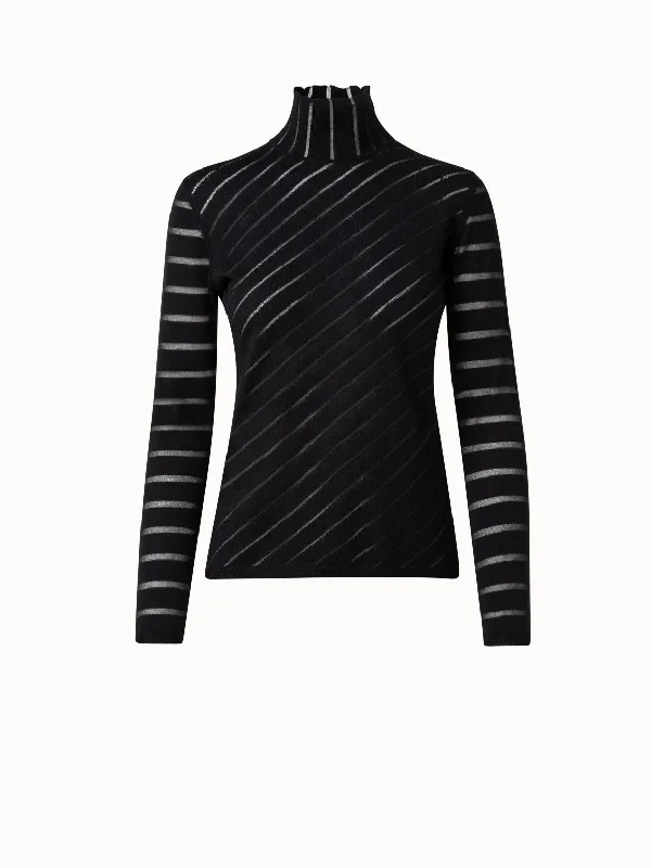 Silk Stretch Knit Pullover with Transparent Diagonal Stripes