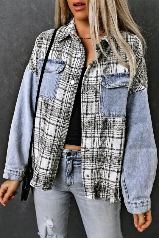 Plaid Patch Fringed Denim Jacket