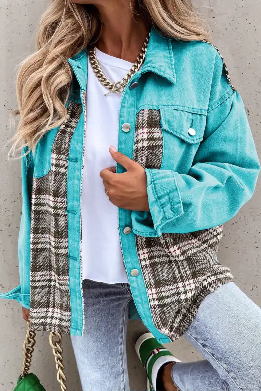 Sky Blue Plaid Patch Denim Jacket