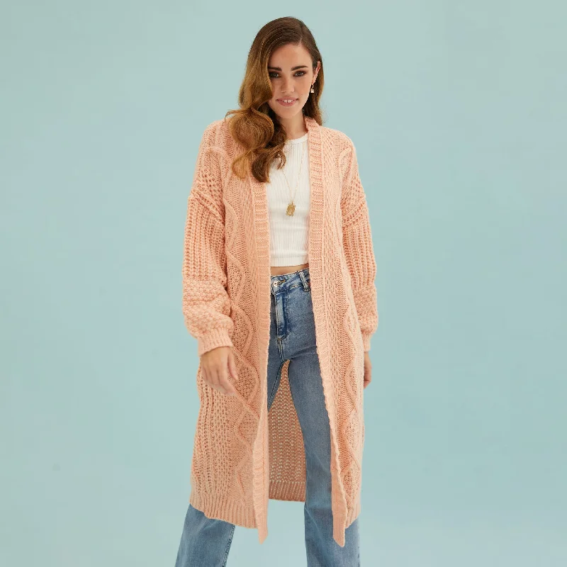 Stevie Cable Balloon Sleeve Long Cardigan - Peach