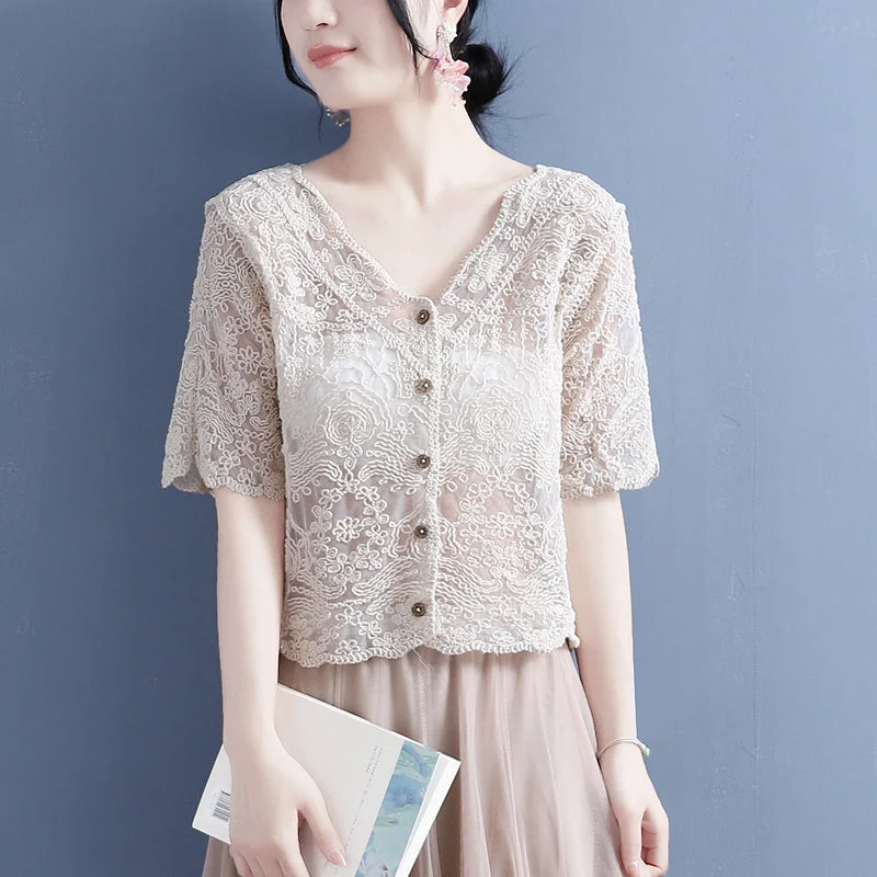 women's cardigans high quality -Summer Cotton Linen Translucent Lace Cardigan