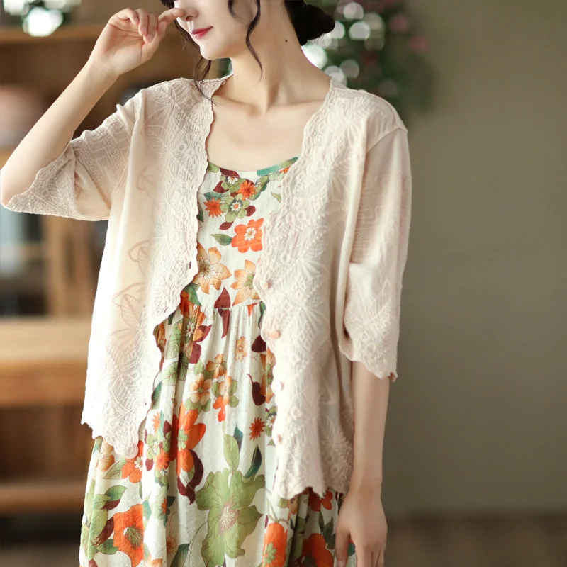 women's cardigans petite -Summer Embroidery Lace V-neck Sun Production Cotton Cardigan