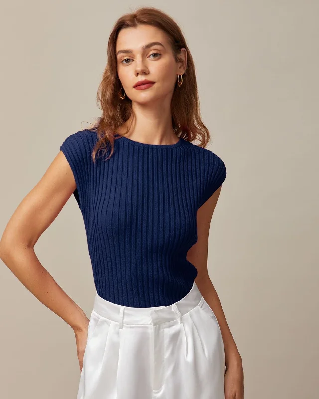 The Blue Boat Neck Ribbed Cap Sleeve Knit Tee