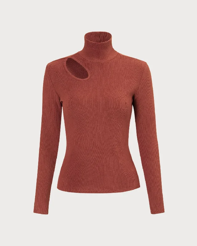 The Brick Red High Neck Cutout Knit Top