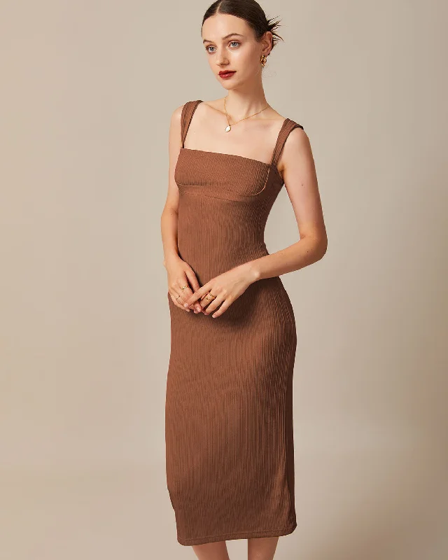 The Caramel Square Neck Ribbed Midi Dress