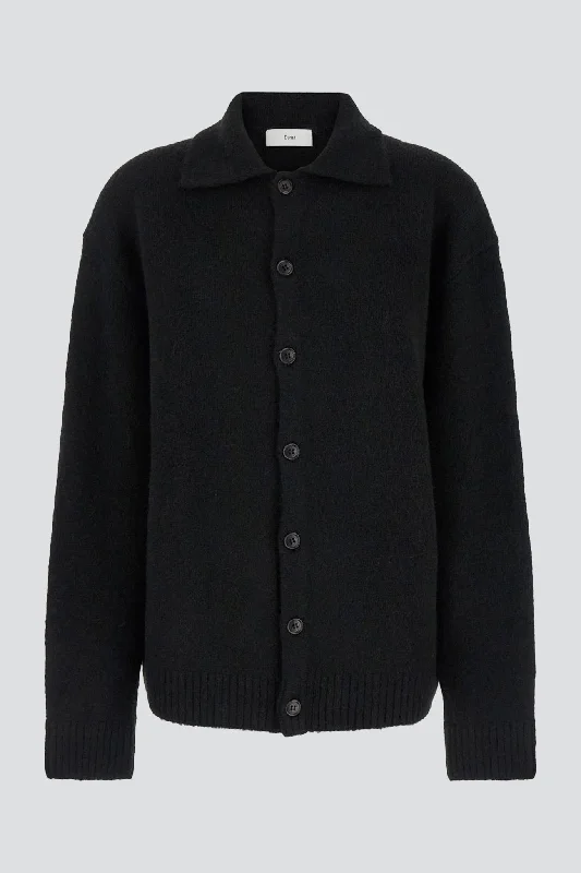 Unisex Black Open Collar Knit Cardigan