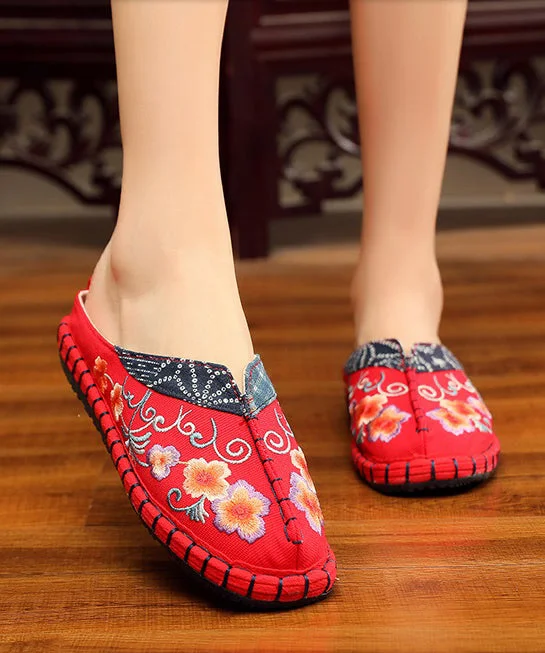 Vintage Red Slide Sandals Embroideried Cotton Fabric Splicing Slides