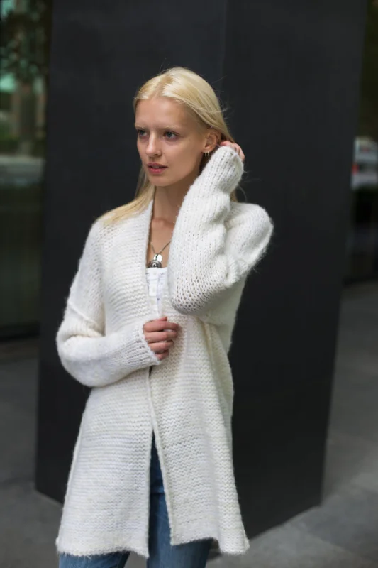 White alpaca knit cardigan.