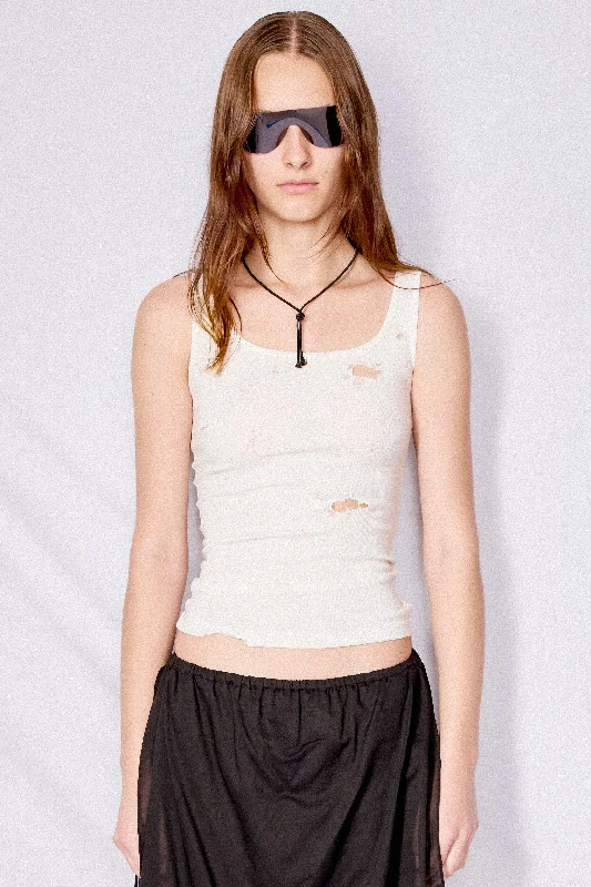 White Distressed Ribbed Jersey Asymmetric Tank