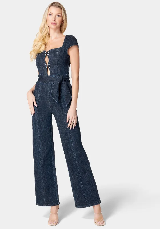 Wide Leg Pearl Detail Denim Jumpsuit