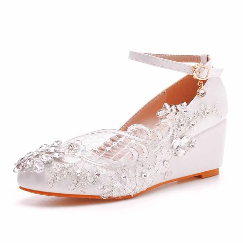 Women Rounded Toe White Wedges Bridal Sandals 2.17" Lace Wedding Shoes