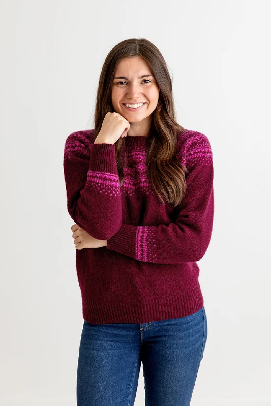 women's knit tops new arrivals -Womens Aviemore Yoke Fair Isle Jumper - Burgundy