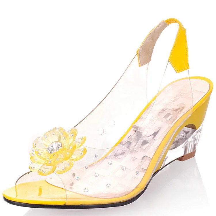 Women's Clear Crystal Wedge Sandals Peep Toe Glitter Flower Platform High Heel Dress Sandal