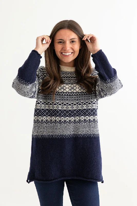 Womens Lace Fair Isle Tunic Jumper - navy